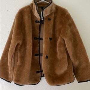 Brown Faux Fur Jacket with Black Trim
